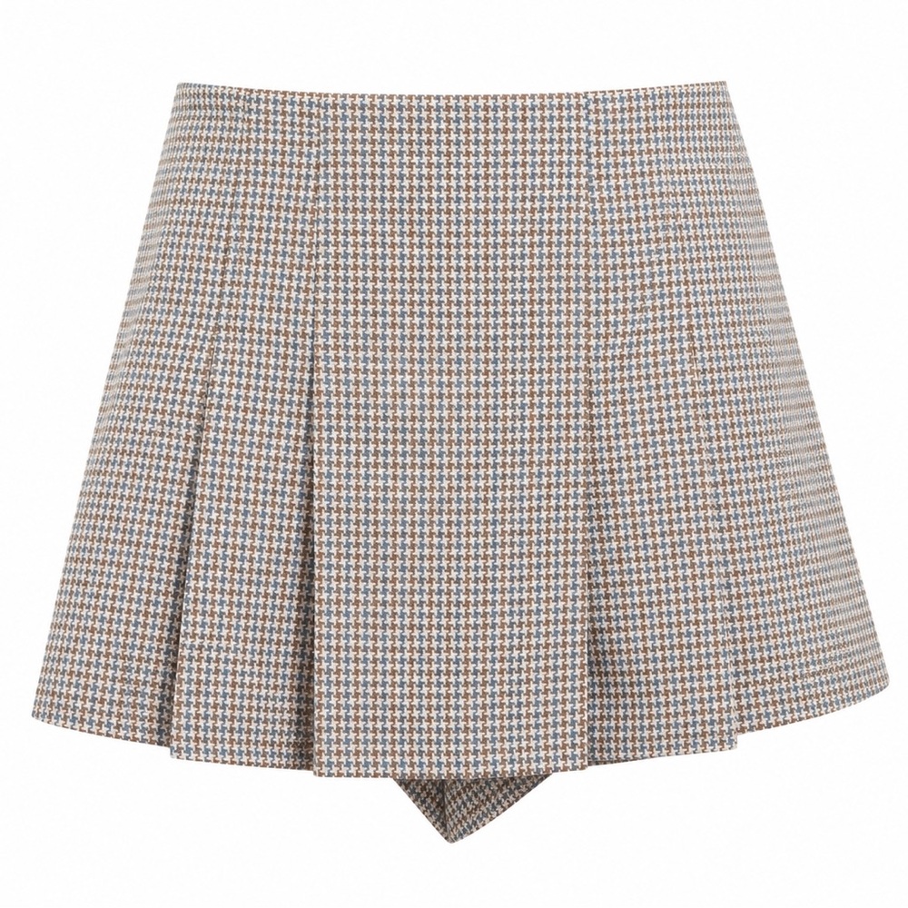 Zara Houndstooth Pleated Mini Skort in Cream, Tan & Blue | NWT Sz Medium